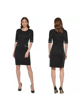 DKNY Sweater Sheath Bodycon Dress Sz S Black White Contrast Stitching Career NEW